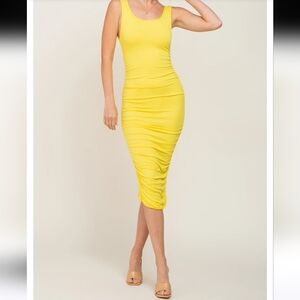 Capella Women's Yellow Ruched Bodycon Dress, Sleeveless Stretchy Midi Size L